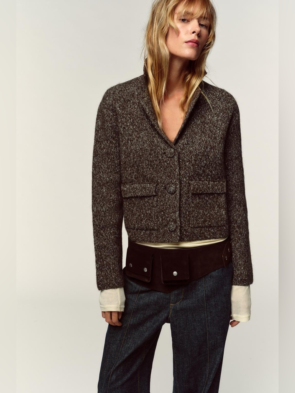ZARA Brown Marl Knit Cardigan Blazer Jacket Medium NWT